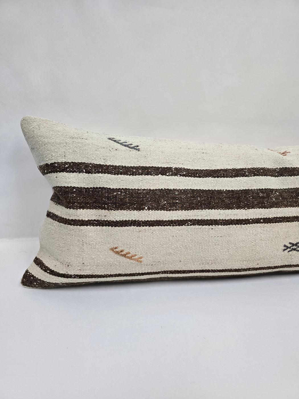 Turkish Lumbar Rug Pillow Brown Cream Blue Cushion Cover Hemp Pillow 14" x 40" #9477