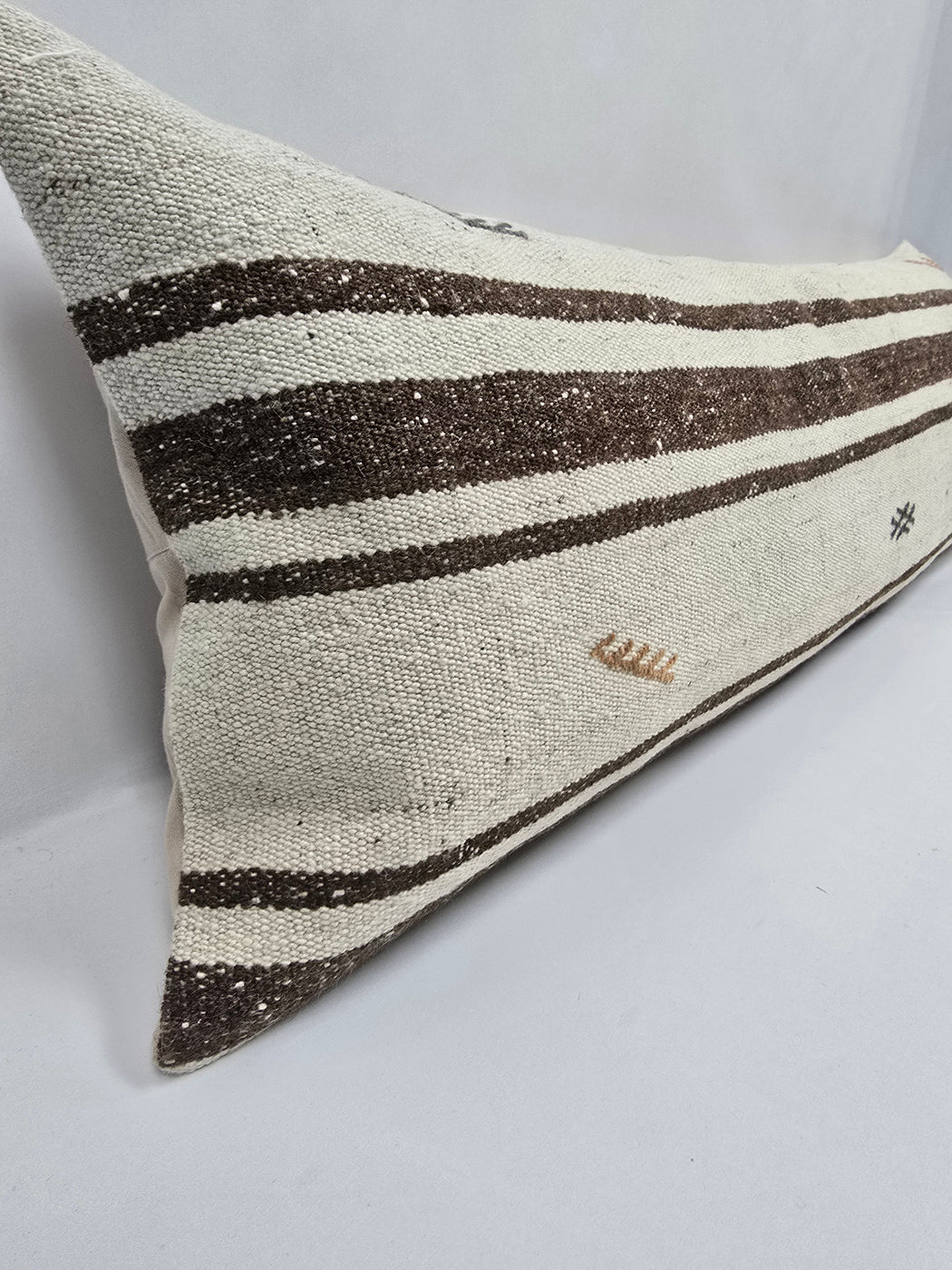 Turkish Lumbar Rug Pillow Brown Cream Blue Cushion Cover Hemp Pillow 14" x 40" #9477