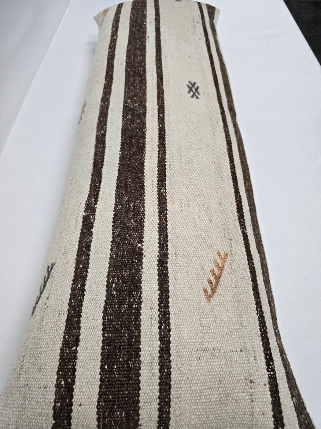 Turkish Lumbar Rug Pillow Brown Cream Blue Cushion Cover Hemp Pillow 14" x 40" #9477