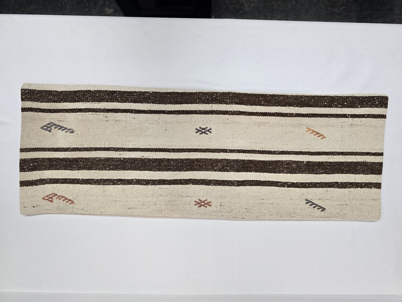 Turkish Lumbar Rug Pillow Brown Cream Blue Cushion Cover Hemp Pillow 14" x 40" #9477