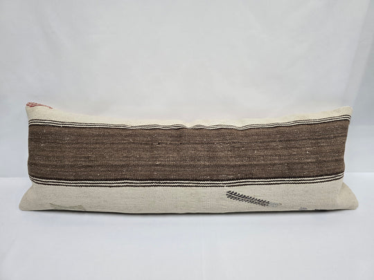 Turkish Lumbar Rug Pillow Cream Black Brown Cushion Cover Hemp Pillow 14" x 40" #9475