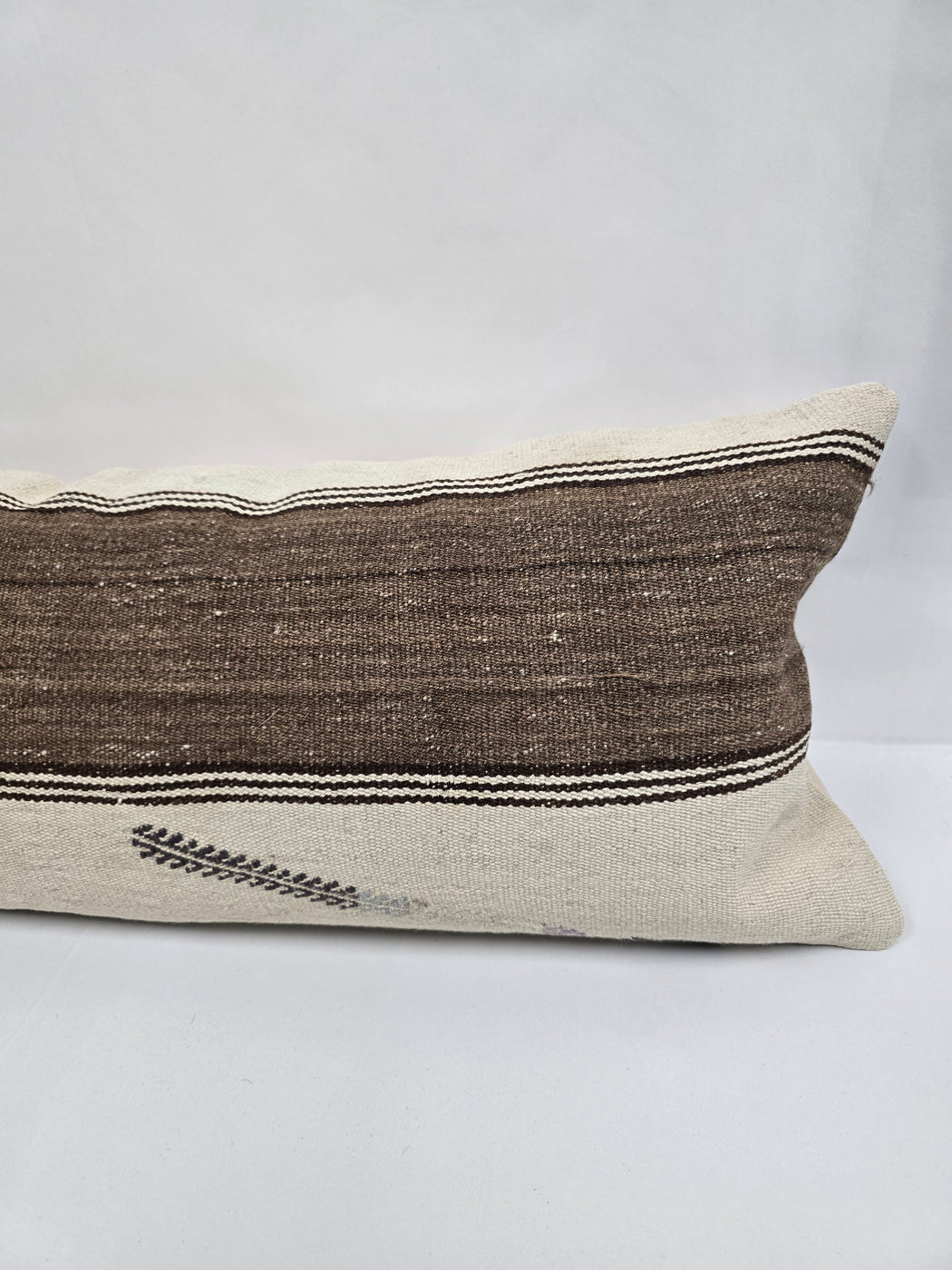 Turkish Lumbar Rug Pillow Cream Black Brown Cushion Cover Hemp Pillow 14" x 40" #9475