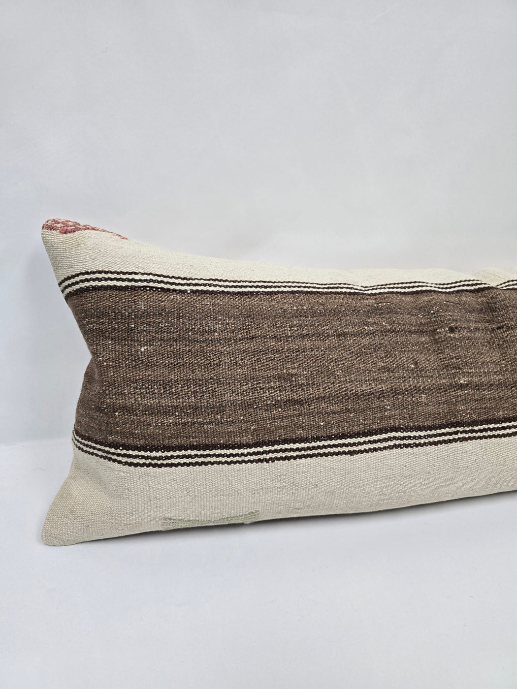 Turkish Lumbar Rug Pillow Cream Black Brown Cushion Cover Hemp Pillow 14" x 40" #9475