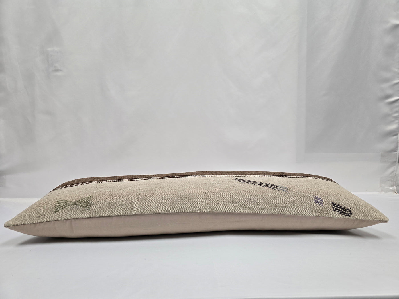 Turkish Lumbar Rug Pillow Cream Black Brown Cushion Cover Hemp Pillow 14" x 40" #9475