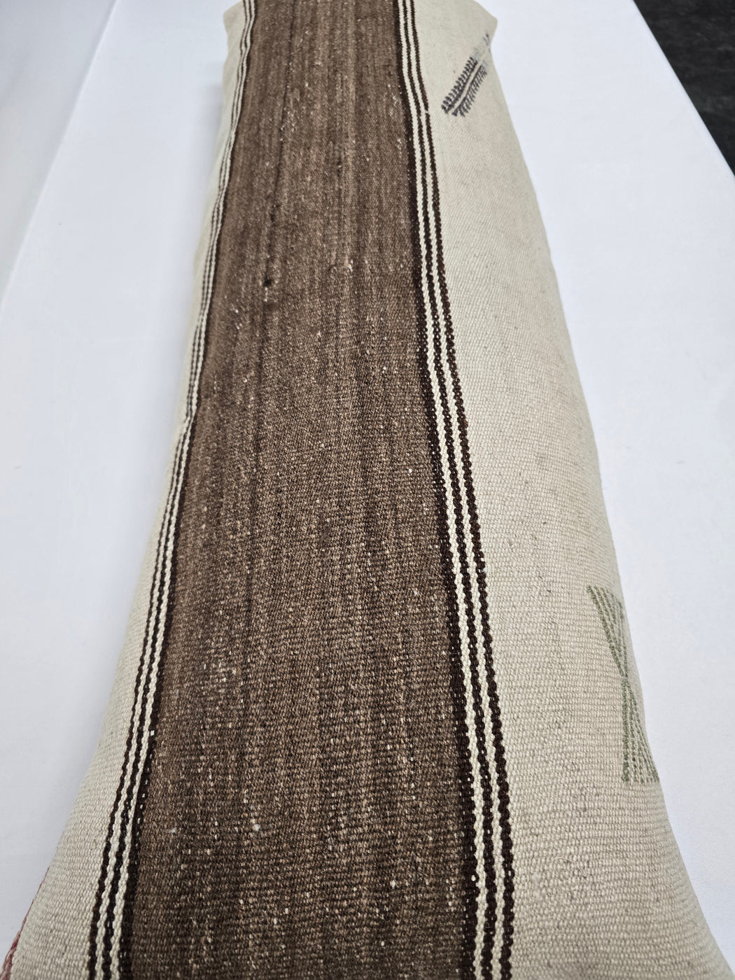Turkish Lumbar Rug Pillow Cream Black Brown Cushion Cover Hemp Pillow 14" x 40" #9475