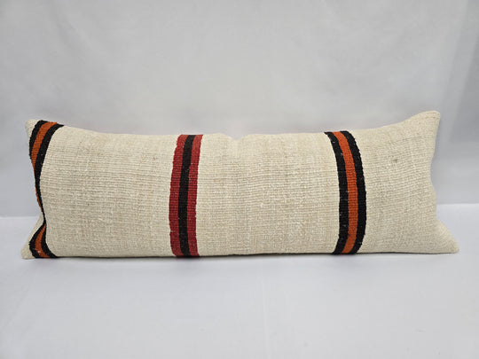 Turkish Lumbar Rug Pillow Cream Red Orange Black Cushion Cover Hemp Pillow 14" x 40" #9474