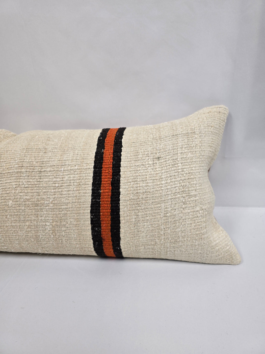 Turkish Lumbar Rug Pillow Cream Red Orange Black Cushion Cover Hemp Pillow 14" x 40" #9474