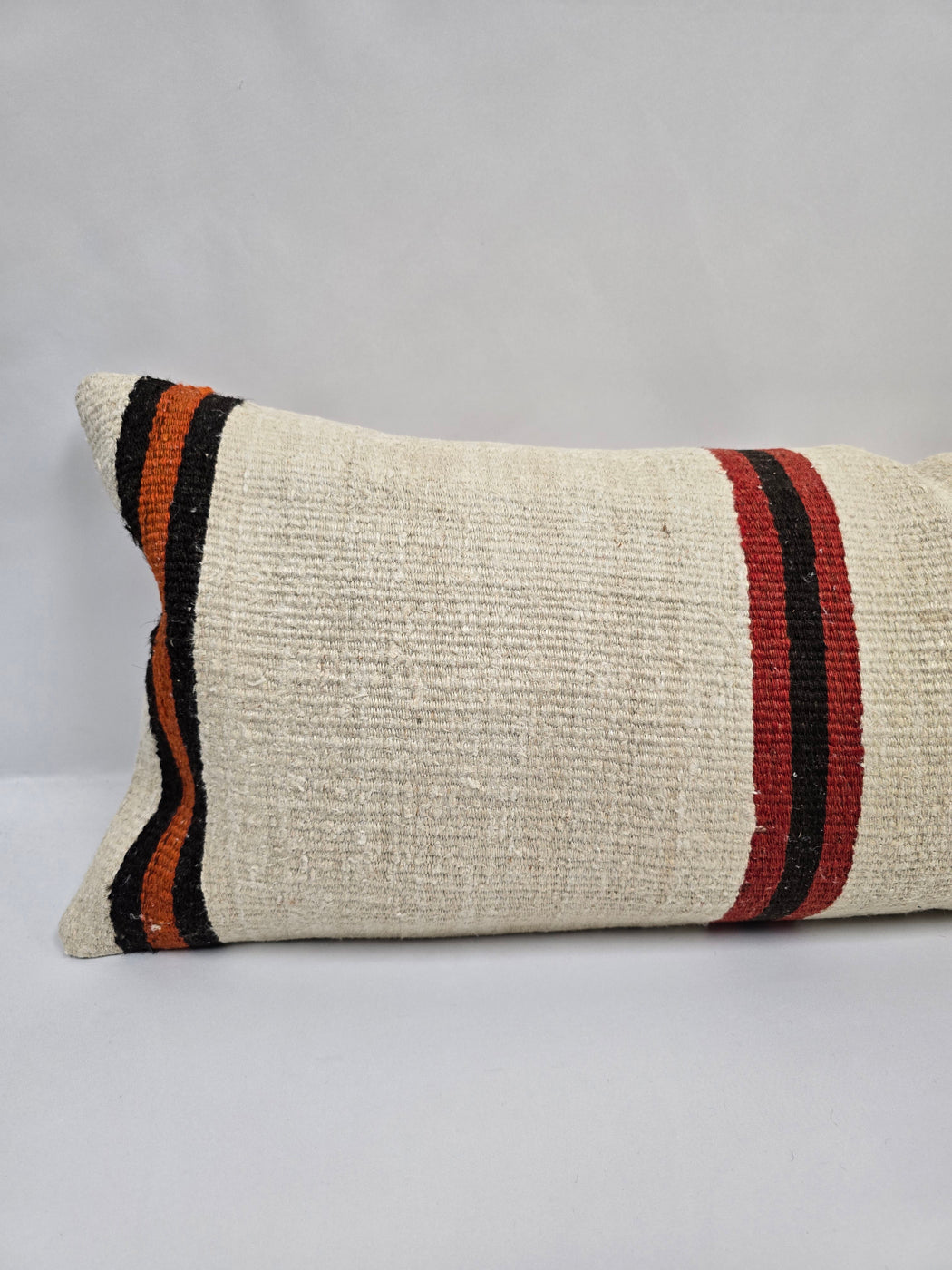 Turkish Lumbar Rug Pillow Cream Red Orange Black Cushion Cover Hemp Pillow 14" x 40" #9474