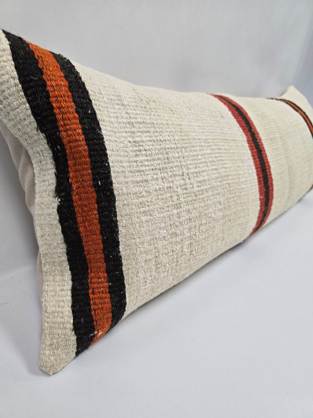 Turkish Lumbar Rug Pillow Cream Red Orange Black Cushion Cover Hemp Pillow 14" x 40" #9474