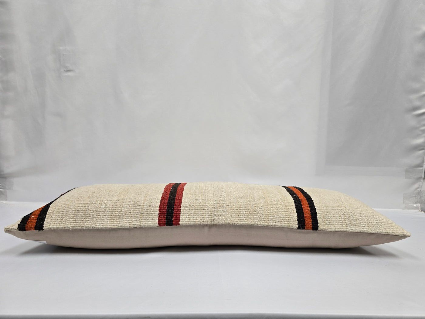 Turkish Lumbar Rug Pillow Cream Red Orange Black Cushion Cover Hemp Pillow 14" x 40" #9474