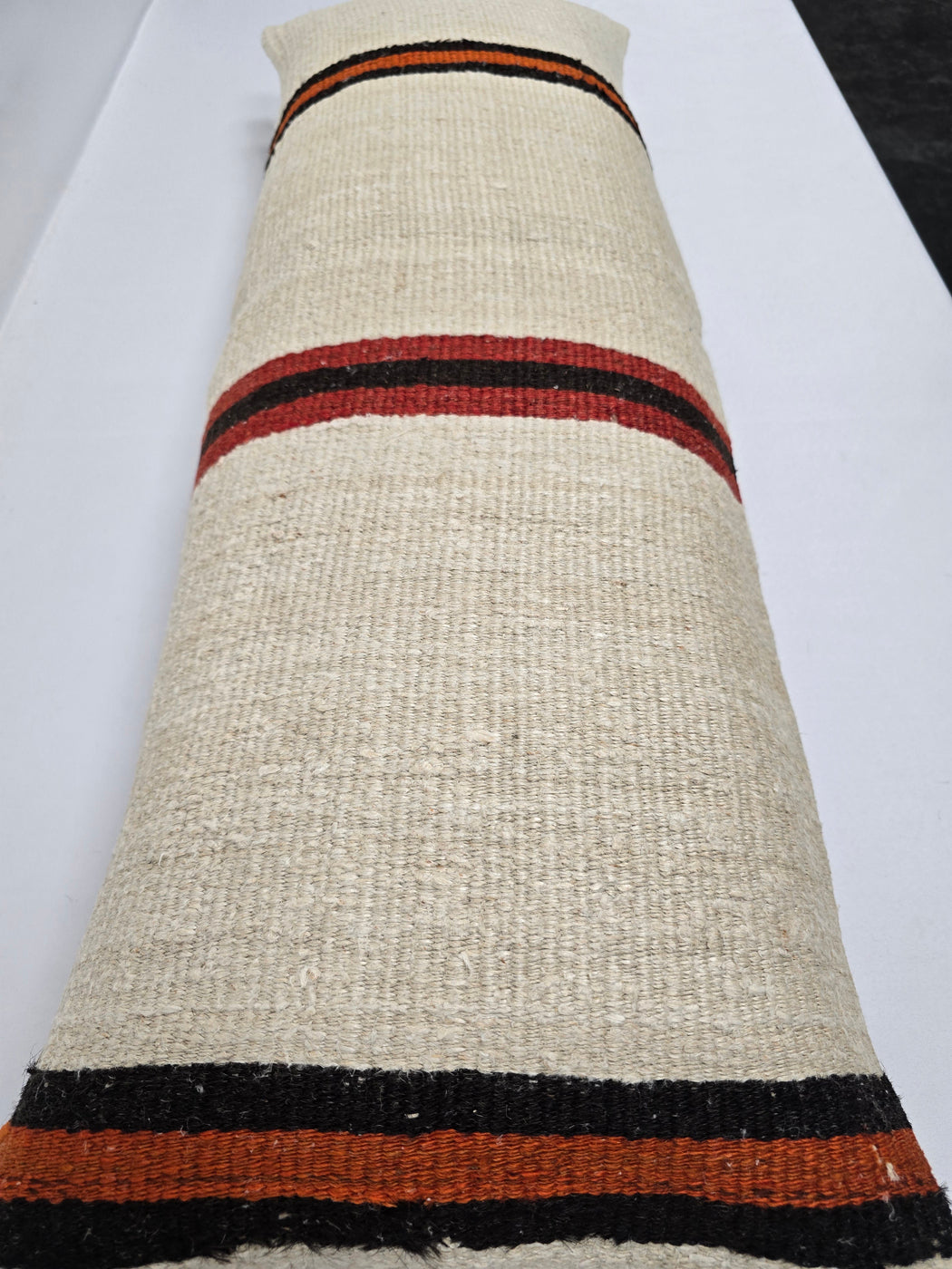 Turkish Lumbar Rug Pillow Cream Red Orange Black Cushion Cover Hemp Pillow 14" x 40" #9474