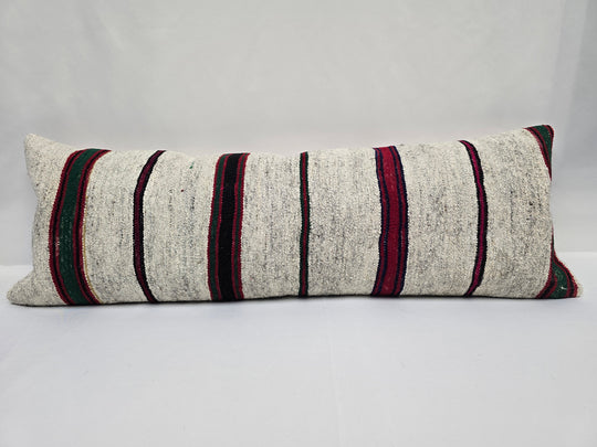 Turkish Lumbar Rug Pillow Cream Red Black Green Cushion Cover Hemp Pillow 14" x 40" #9473