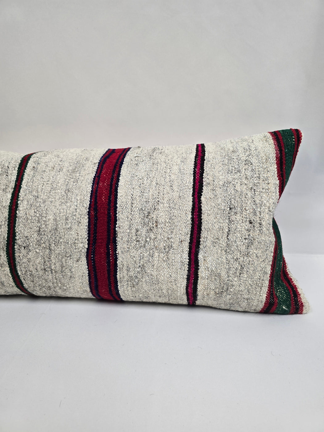 Turkish Lumbar Rug Pillow Cream Red Black Green Cushion Cover Hemp Pillow 14" x 40" #9473