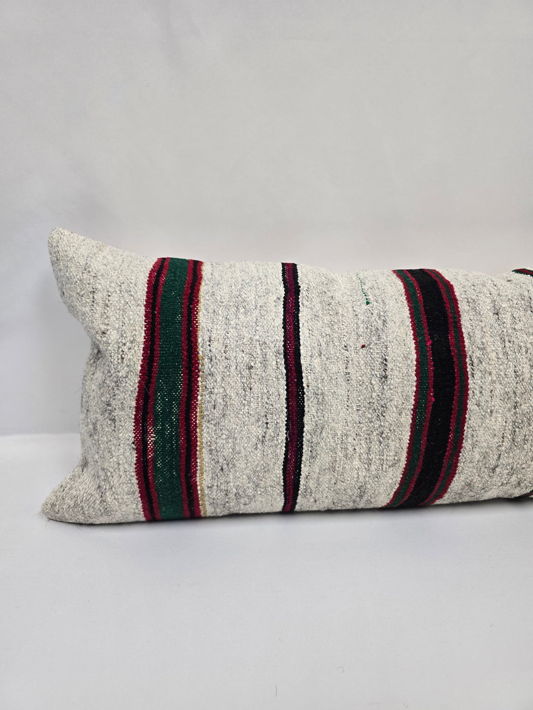 Turkish Lumbar Rug Pillow Cream Red Black Green Cushion Cover Hemp Pillow 14" x 40" #9473