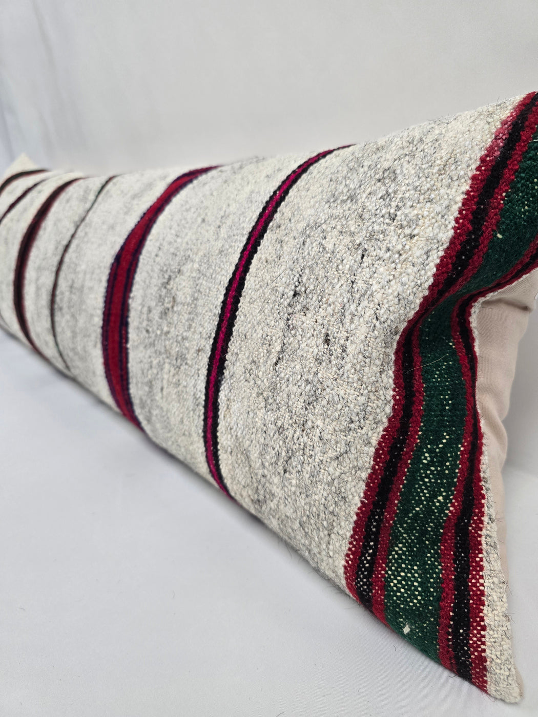 Turkish Lumbar Rug Pillow Cream Red Black Green Cushion Cover Hemp Pillow 14" x 40" #9473