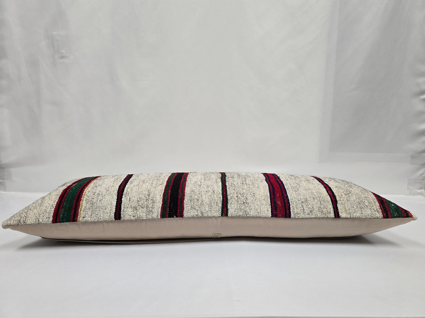 Turkish Lumbar Rug Pillow Cream Red Black Green Cushion Cover Hemp Pillow 14" x 40" #9473