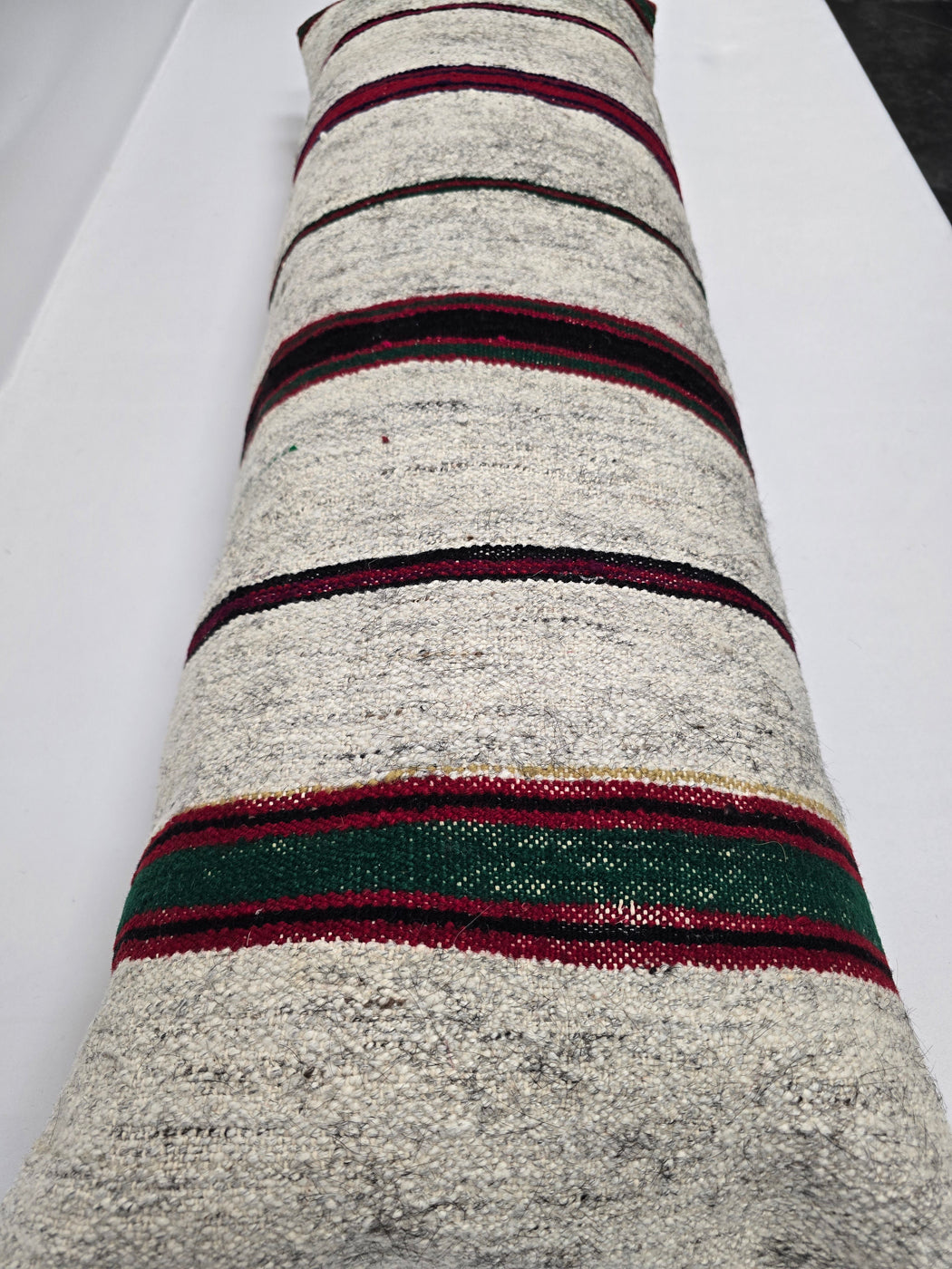 Turkish Lumbar Rug Pillow Cream Red Black Green Cushion Cover Hemp Pillow 14" x 40" #9473