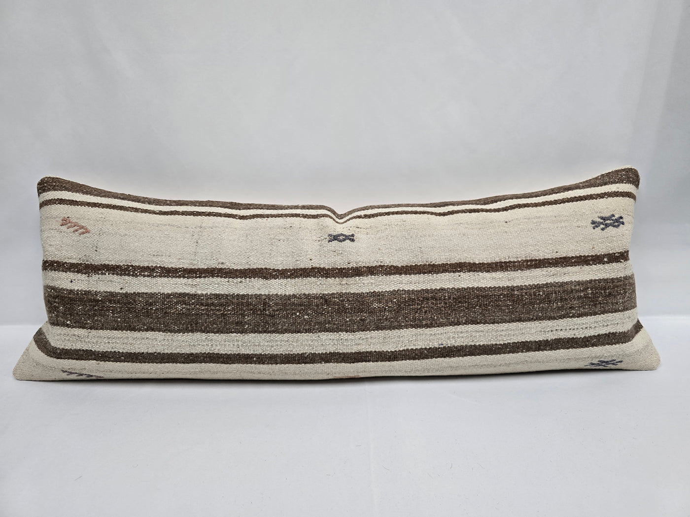Turkish Lumbar Rug Pillow Cream Red Brown Cushion Cover Hemp Pillow 14" x 40" #9472