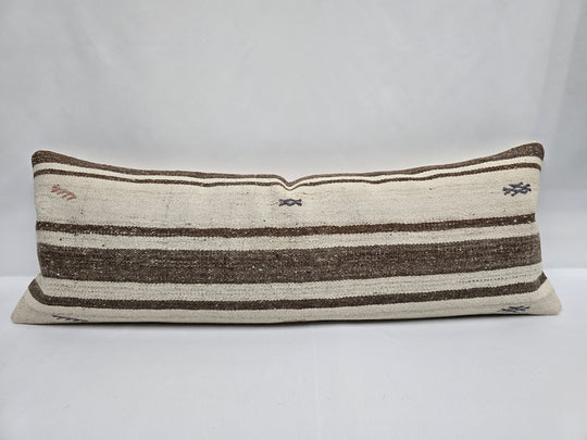 Turkish Lumbar Rug Pillow Cream Red Brown Cushion Cover Hemp Pillow 14" x 40" #9472