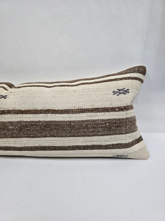 Turkish Lumbar Rug Pillow Cream Red Brown Cushion Cover Hemp Pillow 14" x 40" #9472