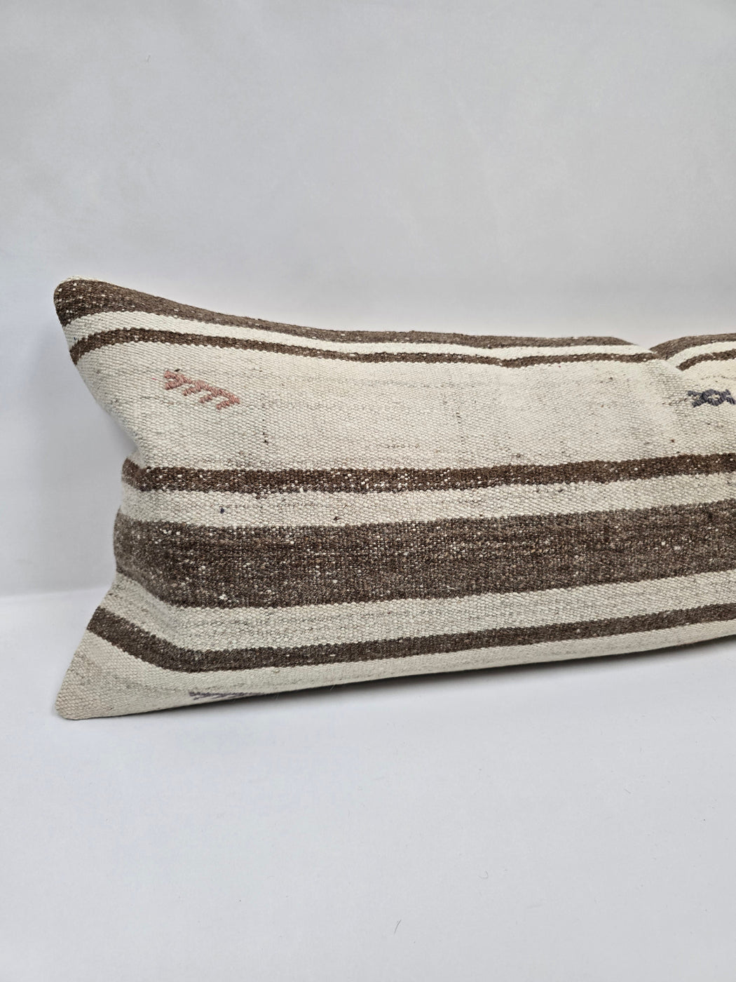 Turkish Lumbar Rug Pillow Cream Red Brown Cushion Cover Hemp Pillow 14" x 40" #9472