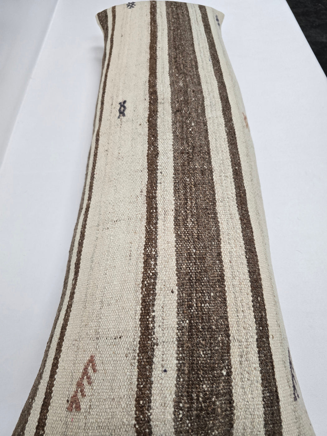 Turkish Lumbar Rug Pillow Cream Red Brown Cushion Cover Hemp Pillow 14" x 40" #9472