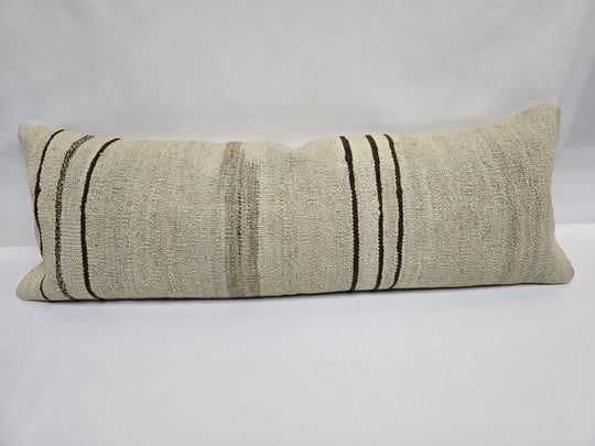 Turkish Lumbar Rug Pillow Cream Brown Cushion Cover Hemp Pillow 14" x 40" #9471