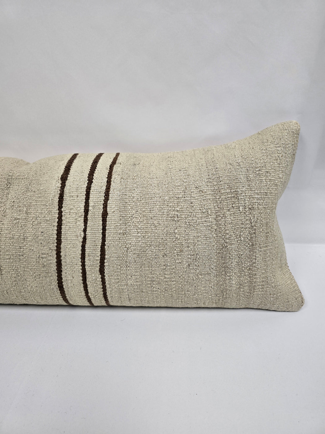 Turkish Lumbar Rug Pillow Cream Brown Cushion Cover Hemp Pillow 14" x 40" #9471
