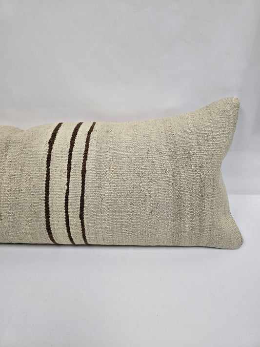 Turkish Lumbar Rug Pillow Cream Brown Cushion Cover Hemp Pillow 14" x 40" #9471