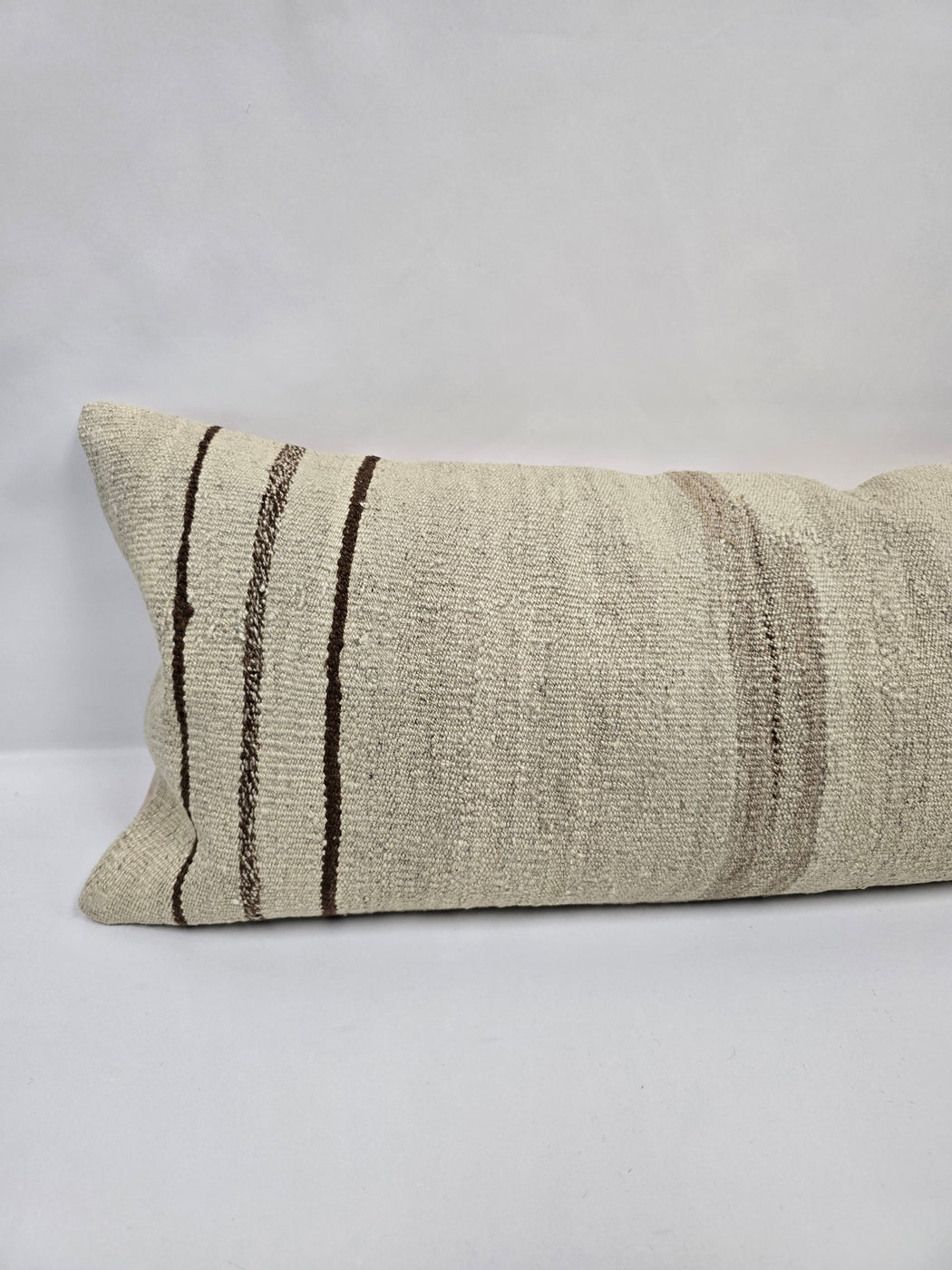 Turkish Lumbar Rug Pillow Cream Brown Cushion Cover Hemp Pillow 14" x 40" #9471