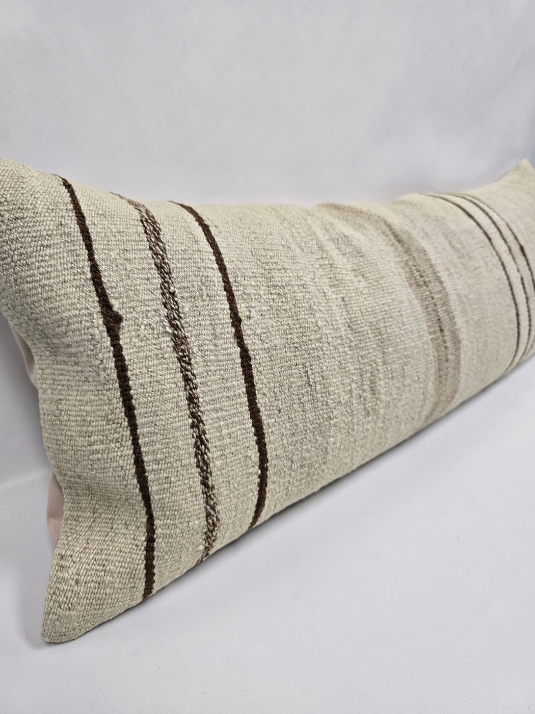 Turkish Lumbar Rug Pillow Cream Brown Cushion Cover Hemp Pillow 14" x 40" #9471