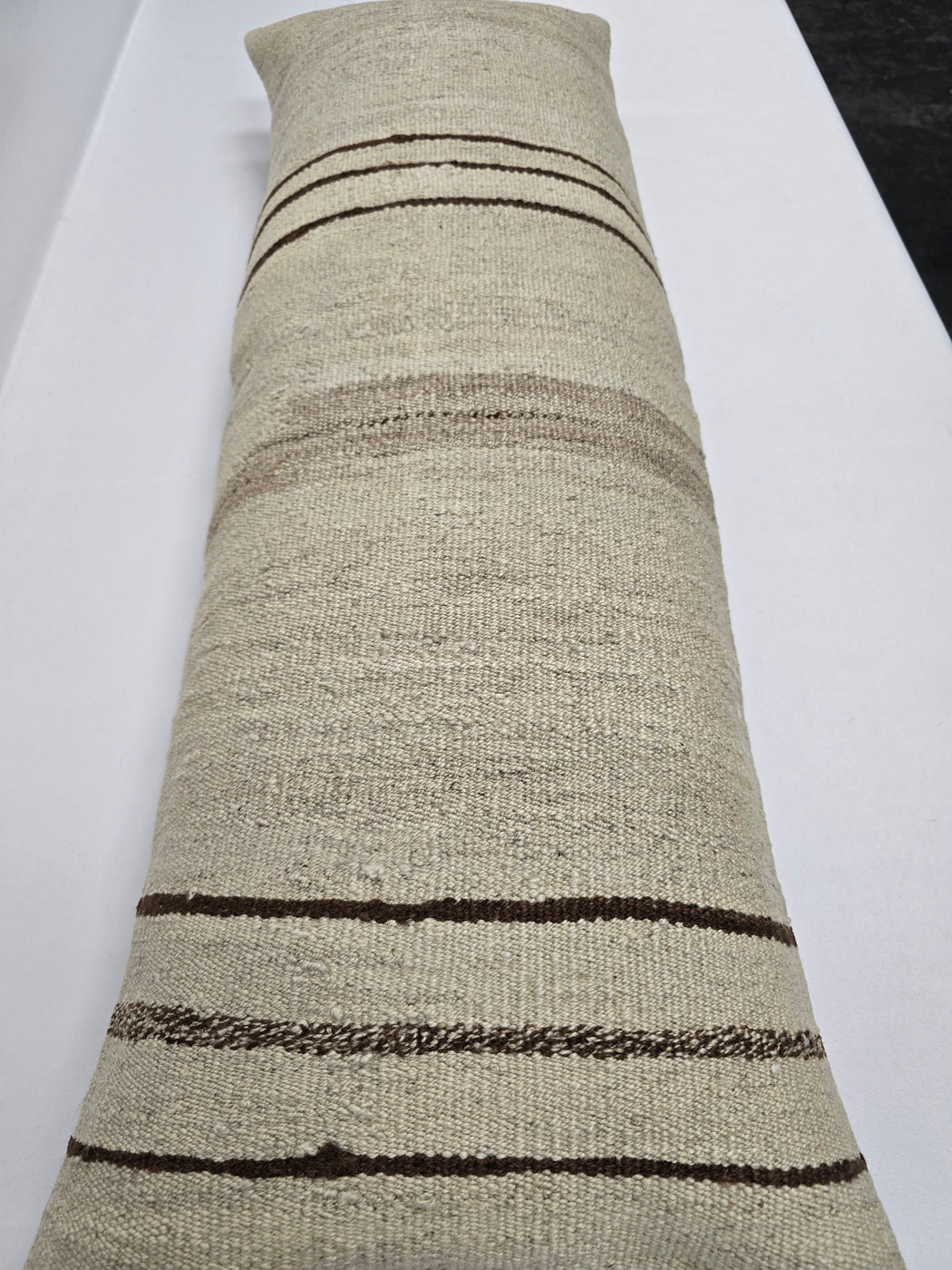 Turkish Lumbar Rug Pillow Cream Brown Cushion Cover Hemp Pillow 14" x 40" #9471