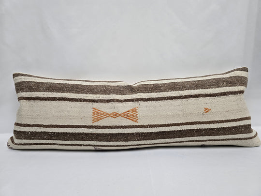 Turkish Lumbar Rug Pillow Cream Orange Brown Cushion Cover Hemp Pillow 14" x 40" #9470