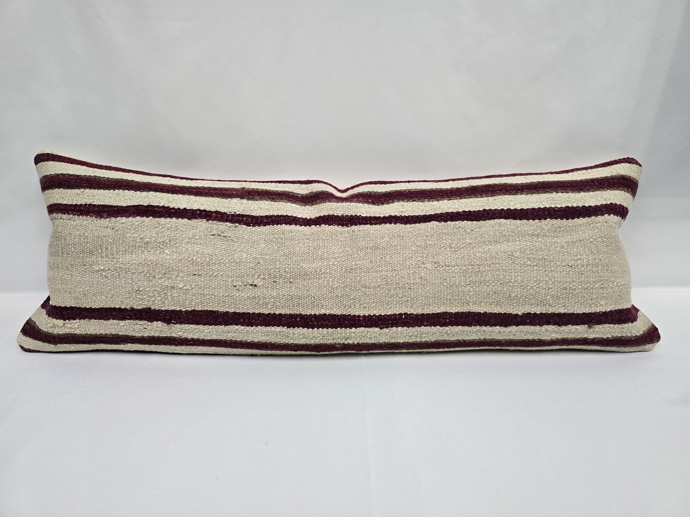 Turkish Lumbar Rug Pillow Cream Burgundy Cushion Cover Hemp Pillow 14" x 40" #9469