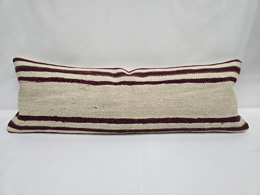 Turkish Lumbar Rug Pillow Cream Burgundy Cushion Cover Hemp Pillow 14" x 40" #9469