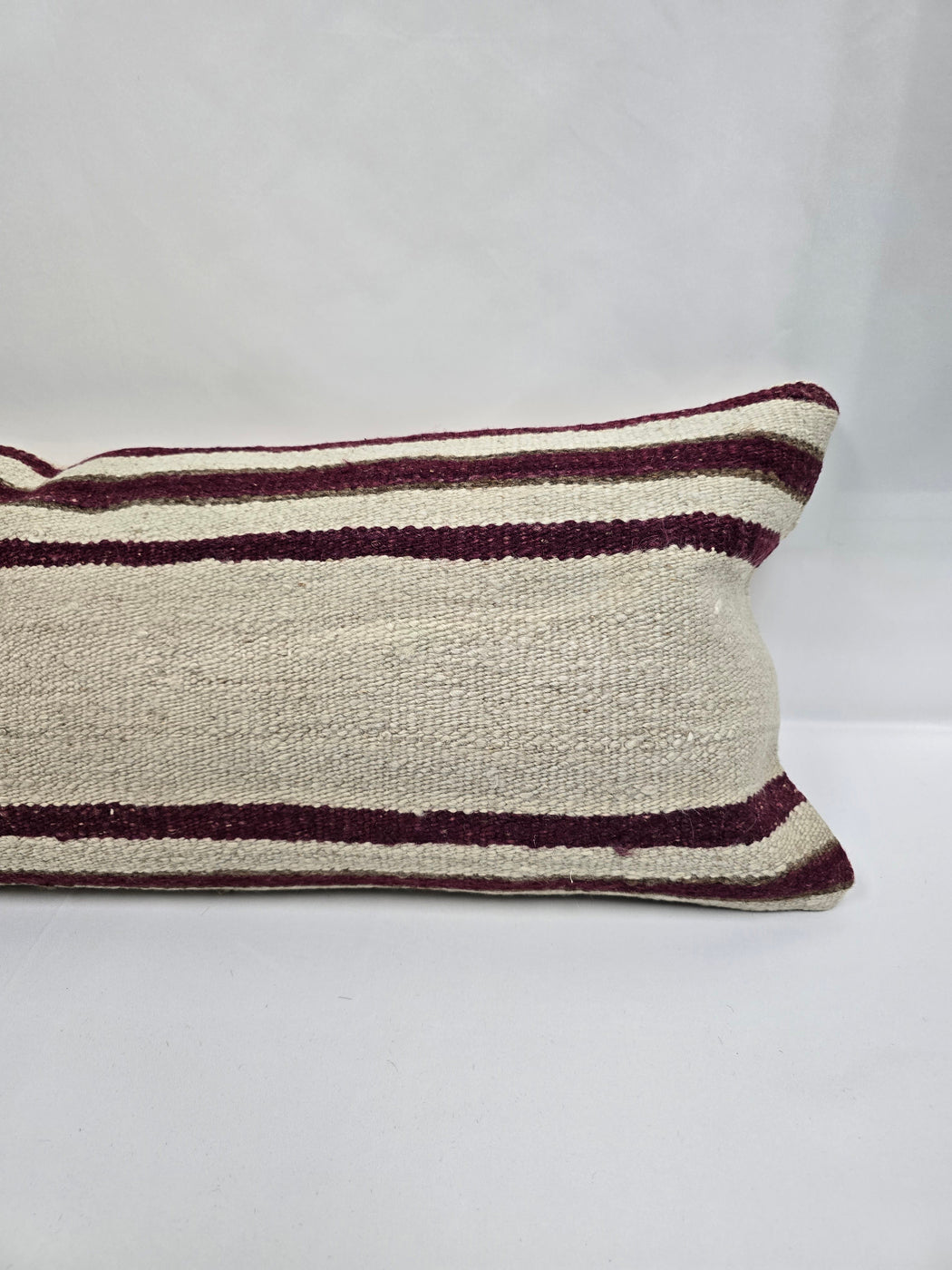 Turkish Lumbar Rug Pillow Cream Burgundy Cushion Cover Hemp Pillow 14" x 40" #9469