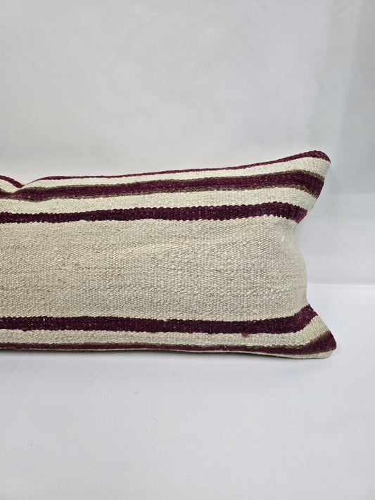 Turkish Lumbar Rug Pillow Cream Burgundy Cushion Cover Hemp Pillow 14" x 40" #9469