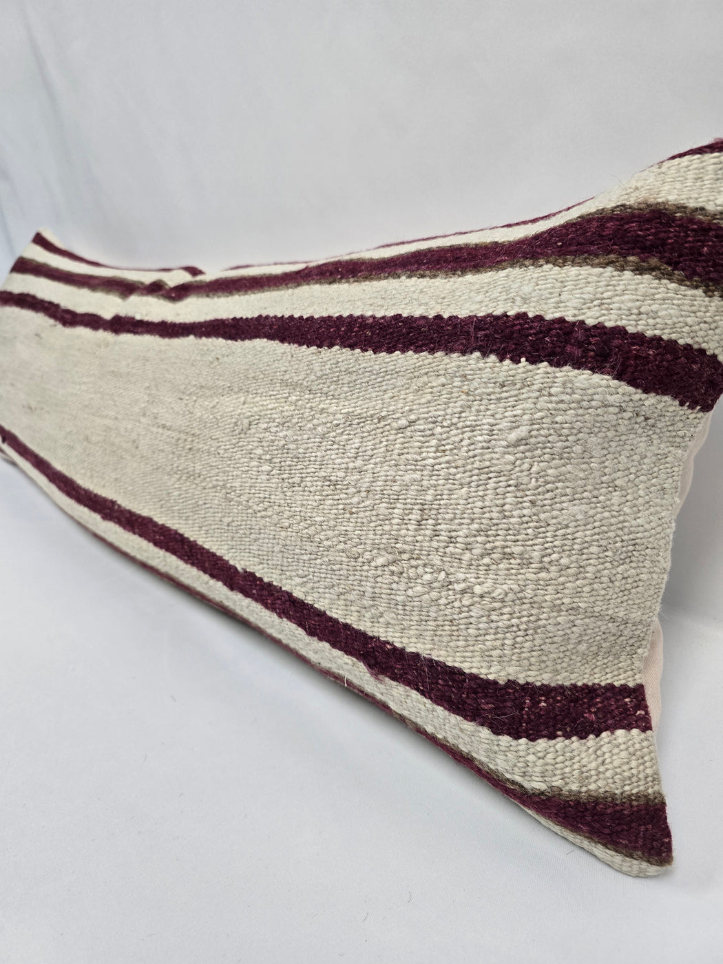 Turkish Lumbar Rug Pillow Cream Burgundy Cushion Cover Hemp Pillow 14" x 40" #9469