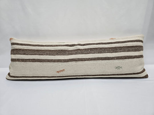 Turkish Lumbar Rug Pillow Cream Brown Orange Cushion Cover Hemp Pillow 14" x 40" #9468