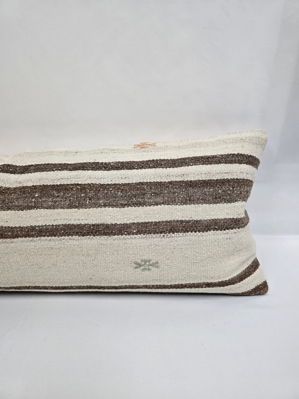 Turkish Lumbar Rug Pillow Cream Brown Orange Cushion Cover Hemp Pillow 14" x 40" #9468