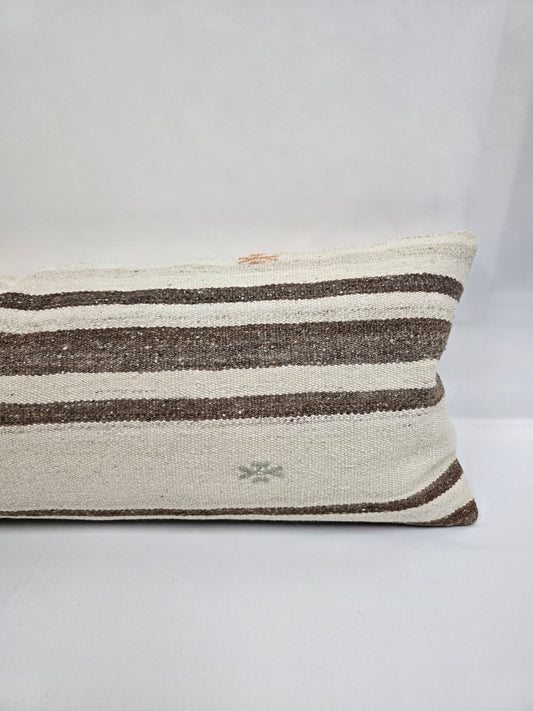 Turkish Lumbar Rug Pillow Cream Brown Orange Cushion Cover Hemp Pillow 14" x 40" #9468