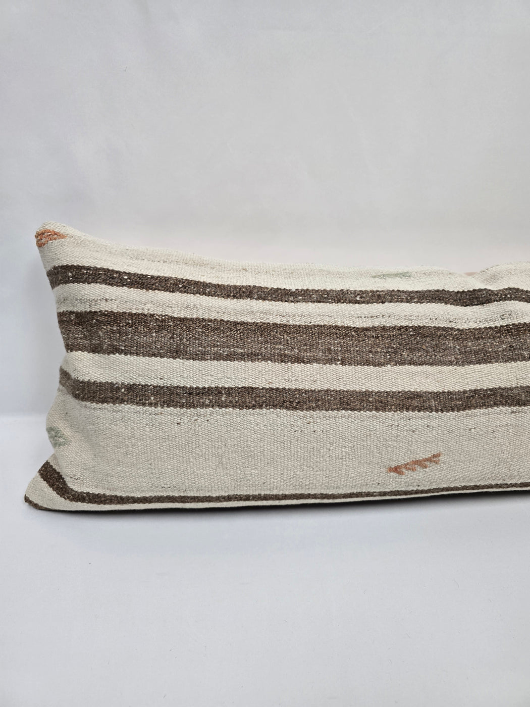 Turkish Lumbar Rug Pillow Cream Brown Orange Cushion Cover Hemp Pillow 14" x 40" #9468
