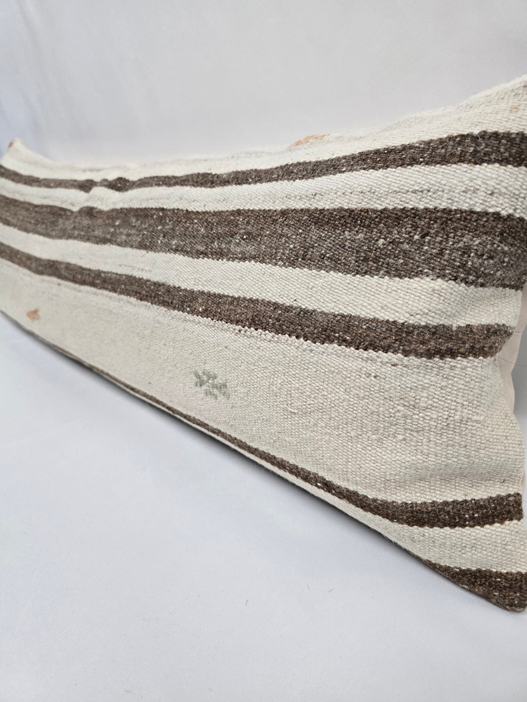 Turkish Lumbar Rug Pillow Cream Brown Orange Cushion Cover Hemp Pillow 14" x 40" #9468