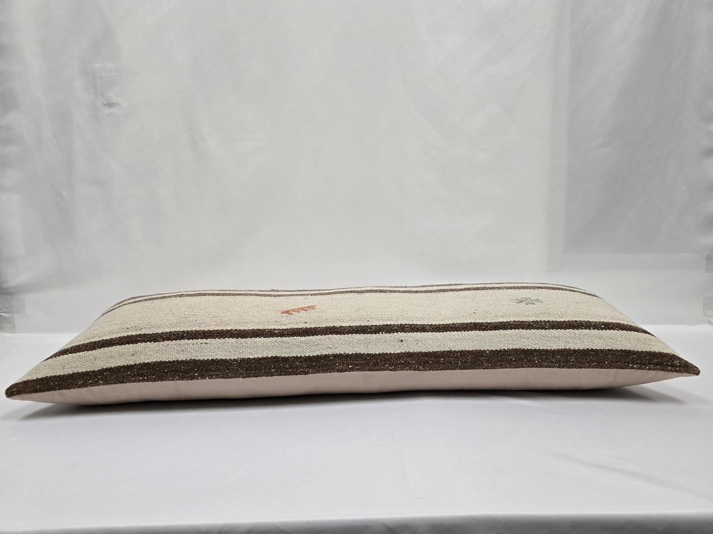 Turkish Lumbar Rug Pillow Cream Brown Orange Cushion Cover Hemp Pillow 14" x 40" #9468