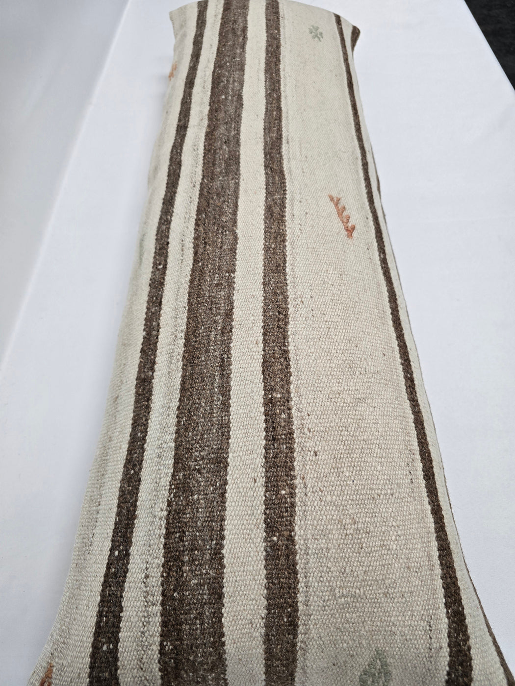 Turkish Lumbar Rug Pillow Cream Brown Orange Cushion Cover Hemp Pillow 14" x 40" #9468