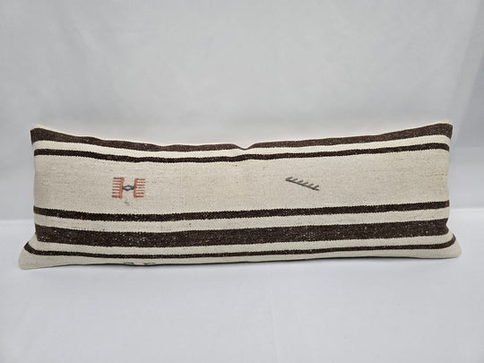 Turkish Lumbar Rug Pillow Cream Brown Gray Cushion Cover Hemp Pillow 14" x 40" #9467