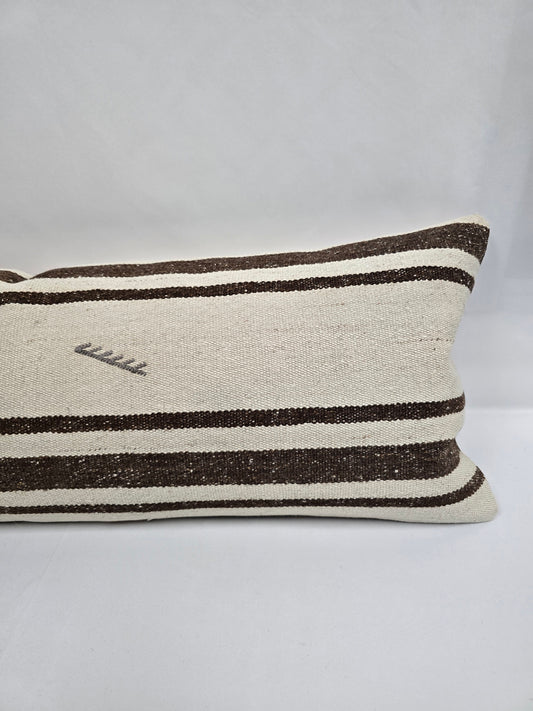 Turkish Lumbar Rug Pillow Cream Brown Gray Cushion Cover Hemp Pillow 14" x 40" #9467