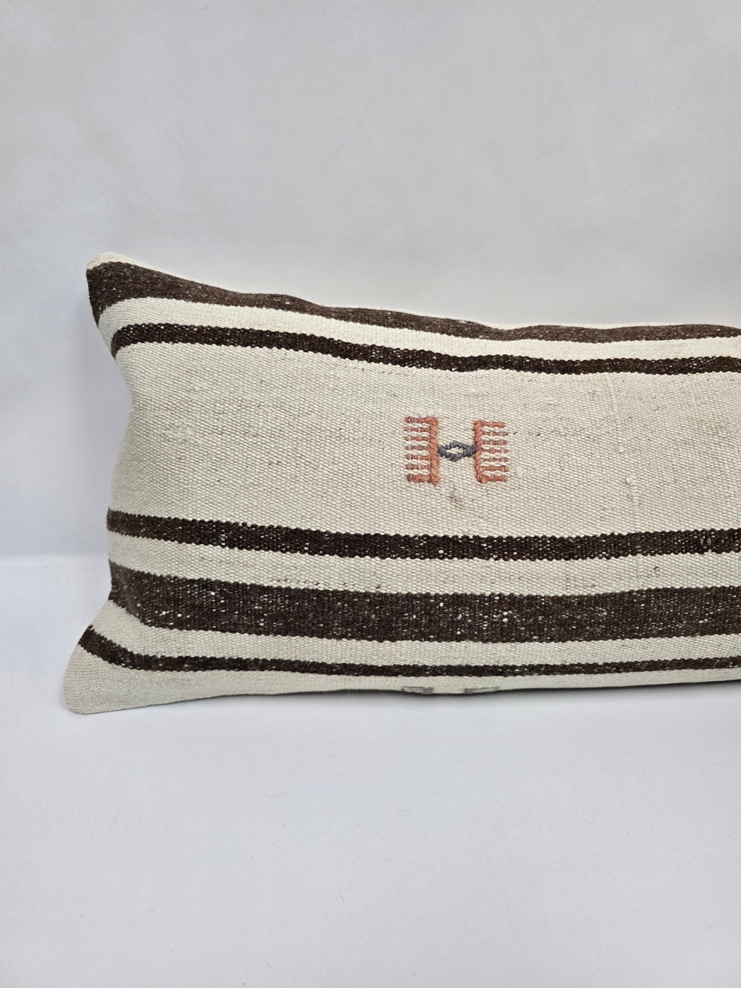Turkish Lumbar Rug Pillow Cream Brown Gray Cushion Cover Hemp Pillow 14" x 40" #9467