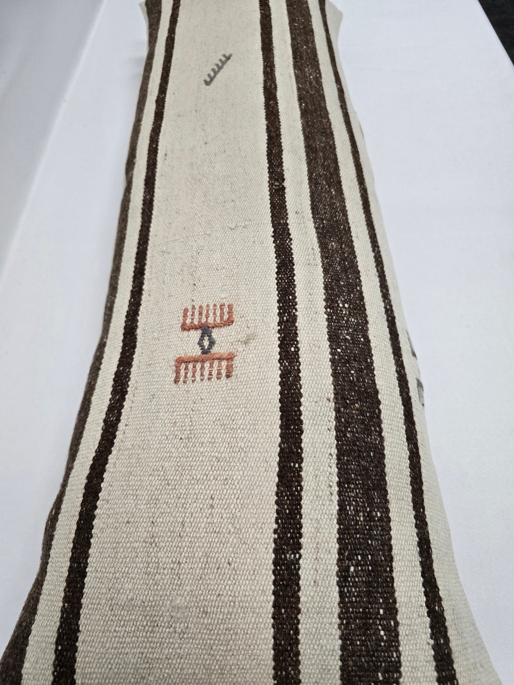 Turkish Lumbar Rug Pillow Cream Brown Gray Cushion Cover Hemp Pillow 14" x 40" #9467