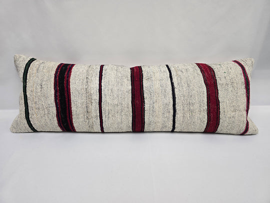 Turkish Lumbar Rug Pillow Cream Burgundy Green Cushion Cover Hemp Pillow 14" x 40" #9466